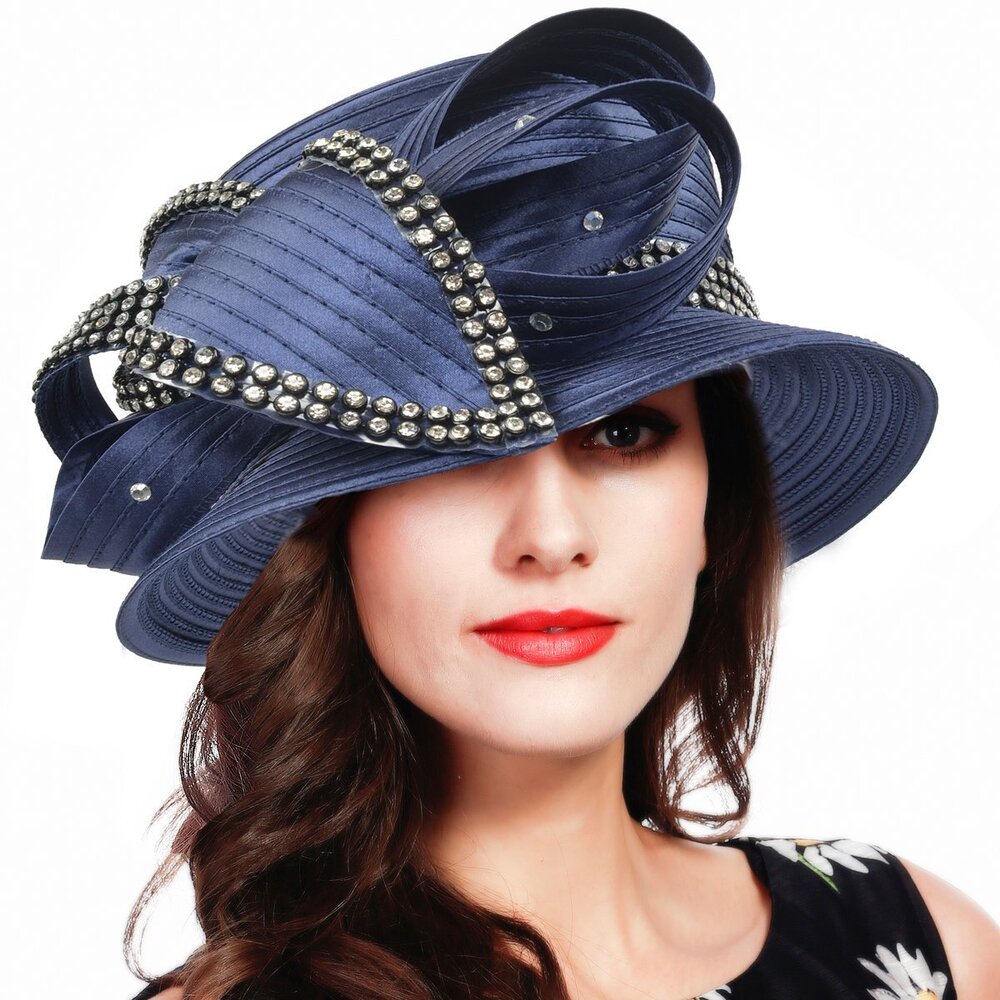 9479 Church Dress Derby Hats Navy Blue - Satin w Rhinestone